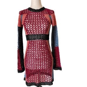BEBE Colorful Crochet Knit Long Sleeve Mini Dress, Size XS
